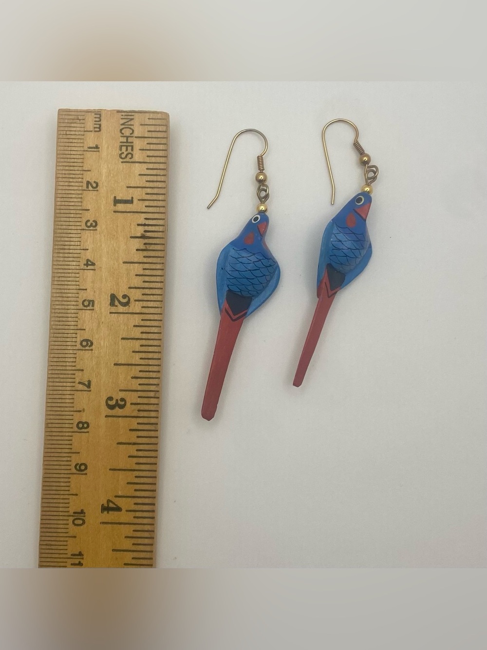Blue & Red Parrot Drop Earrings - Lightweight Bird Design - Picture 3 of 5